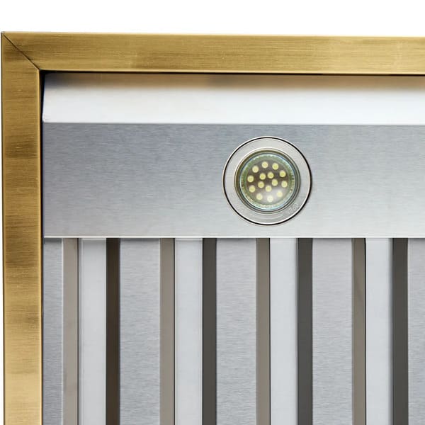 Close-up view of the built-in LED lights on the Forno Vittorio Wall Mount Range Hood in white, providing bright, energy-efficient illumination beneath the hood canopy, ideal for enhancing cooktop visibility.