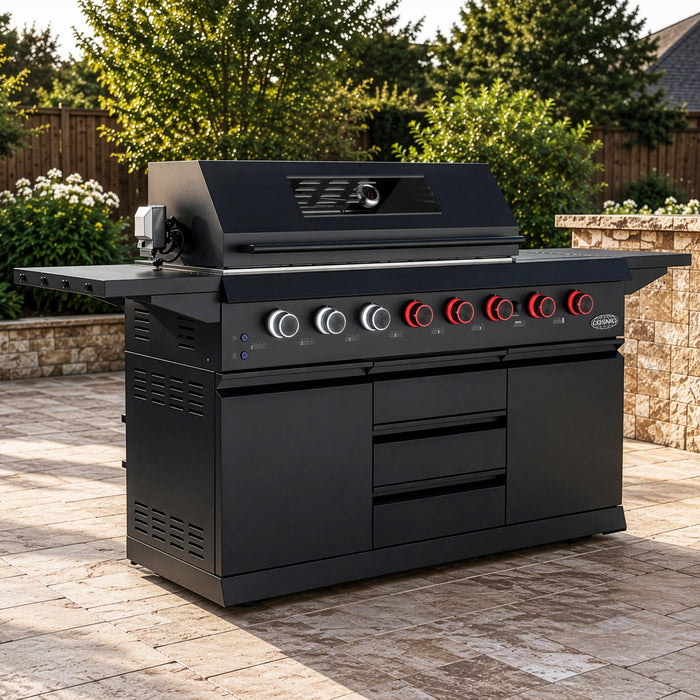 Cosmo 58 in. Newport Collection 6 Burner Propane Gas Grill, Side Griddle, Infrared Rotisserie, Knob LEDs, Matte Black - COS-GGFN587GBK