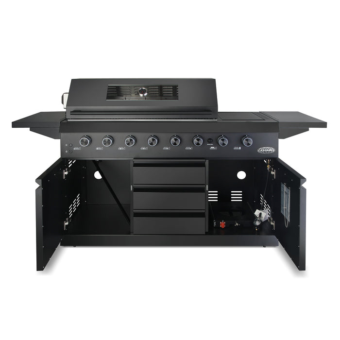 Cosmo 58 in. Newport Collection 6 Burner Propane Gas Grill, Side Griddle, Infrared Rotisserie, Knob LEDs, Matte Black - COS-GGFN587GBK