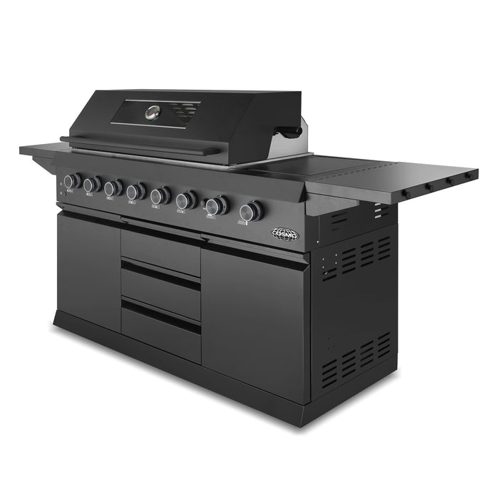 Cosmo 58 in. Newport Collection 6 Burner Propane Gas Grill, Side Griddle, Infrared Rotisserie, Knob LEDs, Matte Black - COS-GGFN587GBK