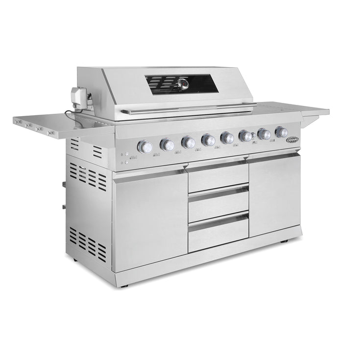 Cosmo 58 in. Newport Collection 6 Burner Propane Gas Grill, Side Griddle, Infrared Rotisserie, Knob LEDs, Stainless Steel - COS-GGFN587GSS