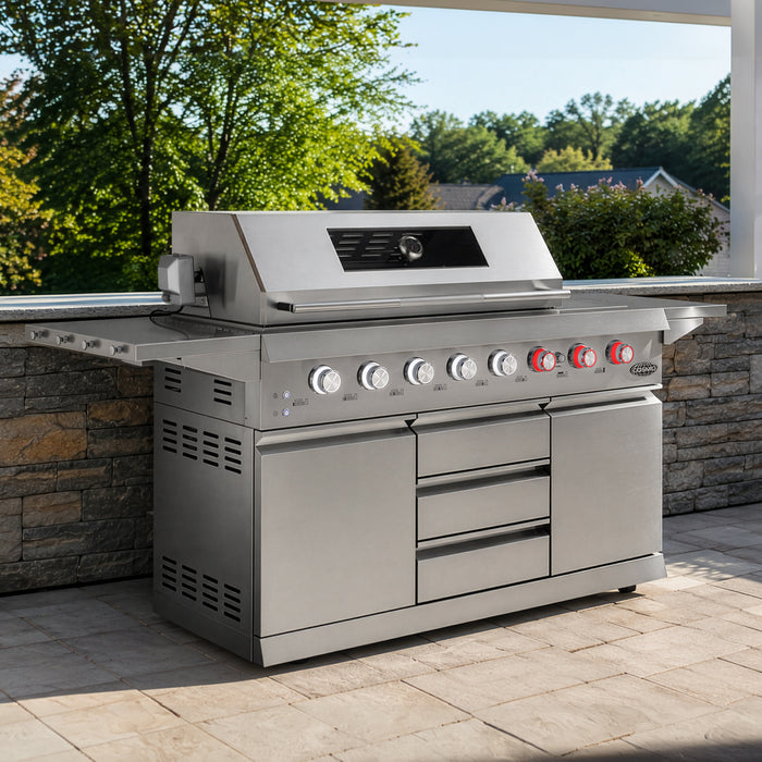 Cosmo 58 in. Newport Collection 6 Burner Propane Gas Grill, Side Griddle, Infrared Rotisserie, Knob LEDs, Stainless Steel - COS-GGFN587GSS