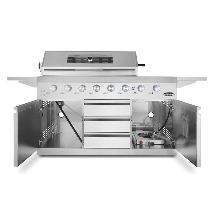 Cosmo 58 in. Newport Collection 6 Burner Propane Gas Grill, Side Griddle, Infrared Rotisserie, Knob LEDs, Stainless Steel - COS-GGFN587GSS