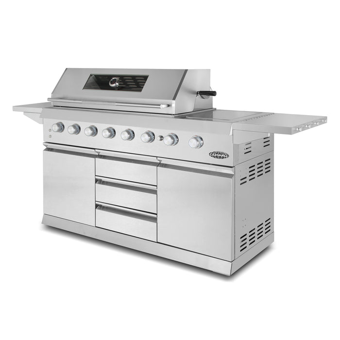 Cosmo 58 in. Newport Collection 6 Burner Propane Gas Grill, Side Griddle, Infrared Rotisserie, Knob LEDs, Stainless Steel - COS-GGFN587GSS