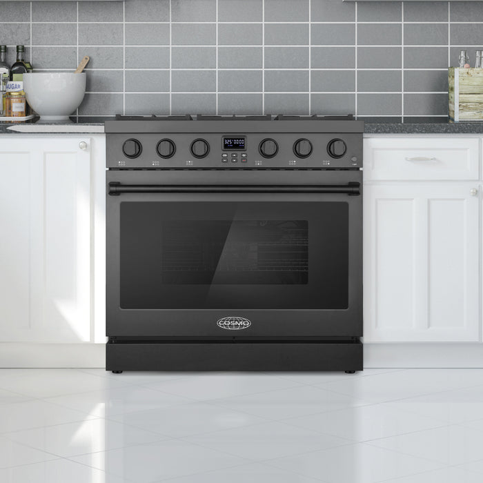 Cosmo 36 in. Lumin Collection 6.1 cu. ft. Gas Range with 6 Sealed Burners and Convection Oven in Matte Black - COS-GRC366KB-BK