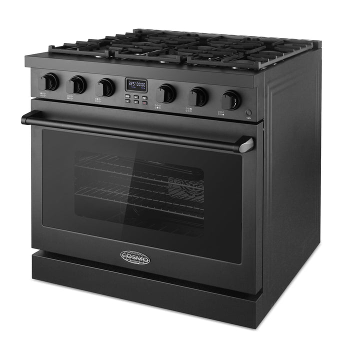 Cosmo 36 in. Lumin Collection 6.1 cu. ft. Gas Range with 6 Sealed Burners and Convection Oven in Matte Black - COS-GRC366KB-BK