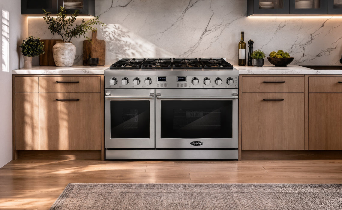Cosmo 48 in. Lumin Collection 7.4 cu. ft. Double Oven Gas Range with 8 Burners, Convection, Cast Iron Grates, Stainless Steel - COS-GRC488KB