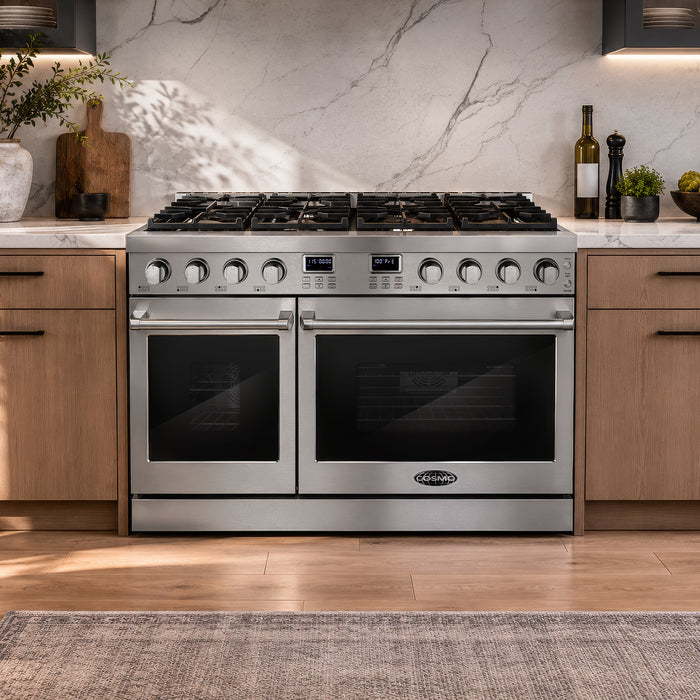 Cosmo 48 in. Lumin Collection 7.4 cu. ft. Double Oven Gas Range with 8 Burners, Convection, Cast Iron Grates, Stainless Steel - COS-GRC488KB