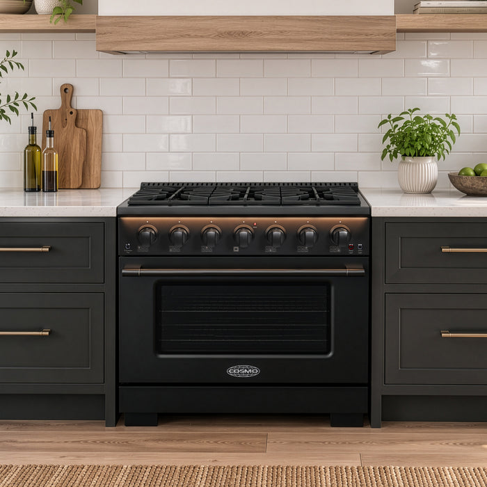 Cosmo 36 in. Vista Collection 5.4 cu. ft. Gas Range, 6 Burners, Convection Oven, LED Light Panel in Matte Black - COS-GRP366-BK