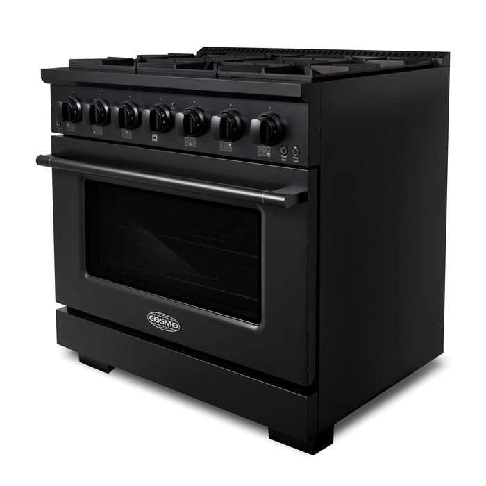 Cosmo 36 in. Vista Collection 5.4 cu. ft. Gas Range, 6 Burners, Convection Oven, LED Light Panel in Matte Black - COS-GRP366-BK