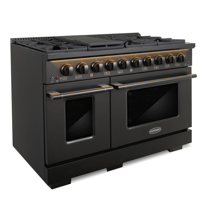 Cosmo 48 in. Vista Collection 6.6 cu. ft. Double Oven Gas Range, 8 Burners, LED Panel, Cast Iron Grates, Matte Black - COS-GRP486G-BK