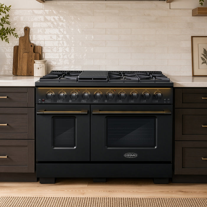 Cosmo 48 in. Vista Collection 6.6 cu. ft. Double Oven Gas Range, 8 Burners, LED Panel, Cast Iron Grates, Matte Black - COS-GRP486G-BK