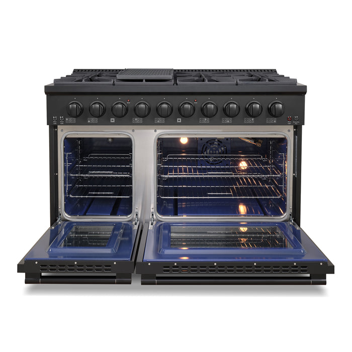 Cosmo 48 in. Vista Collection 6.6 cu. ft. Double Oven Gas Range, 8 Burners, LED Panel, Cast Iron Grates, Matte Black - COS-GRP486G-BK