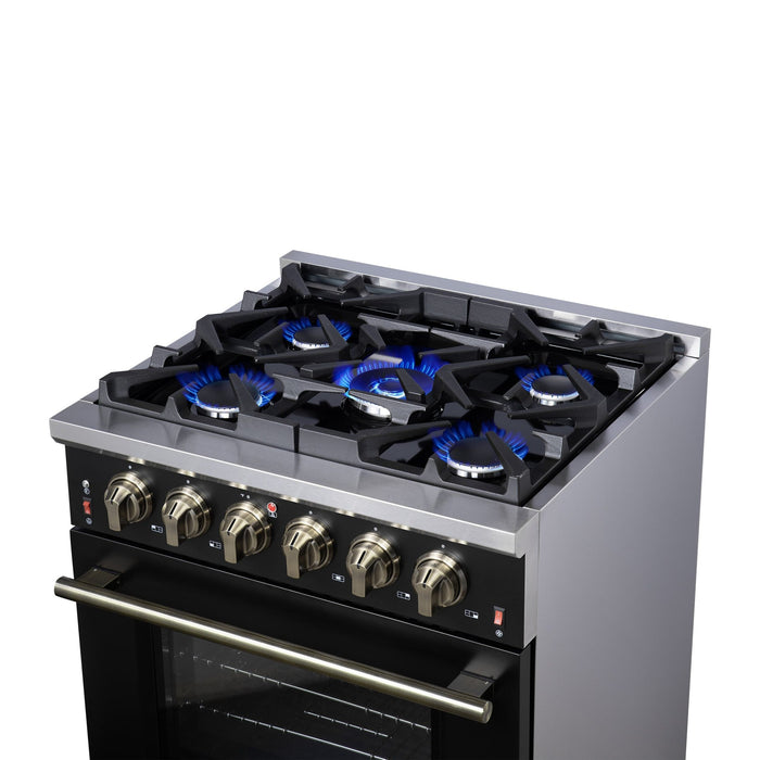 Forno Massimo 30-Inch Black Freestanding Gas Range, 5 Burners, True Convection Oven
