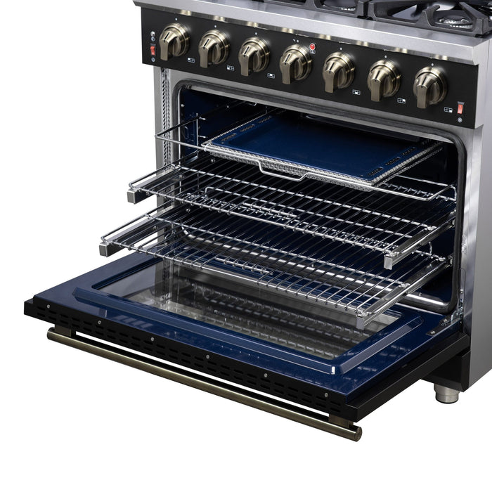 Forno Massimo 36-Inch Black Freestanding Gas Range, 6 Sealed Burners, Convection Oven, Energy Efficient