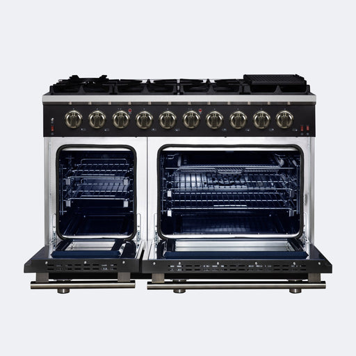 Forno Massimo 48-Inch Black Freestanding Gas Range, 8 Burners, True Convection Oven
