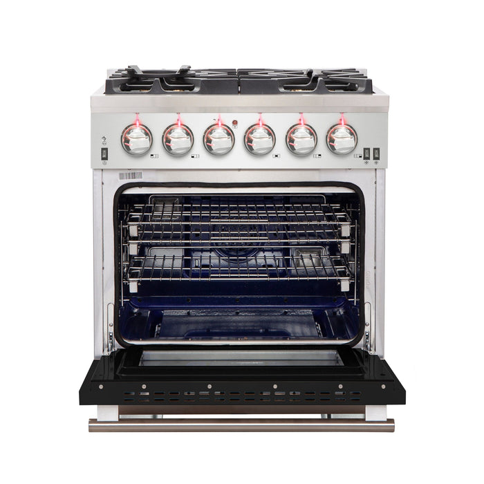 Forno Capriasca 30-Inch Freestanding Gas Range, 4 Burners, True Convection Oven, Black Door