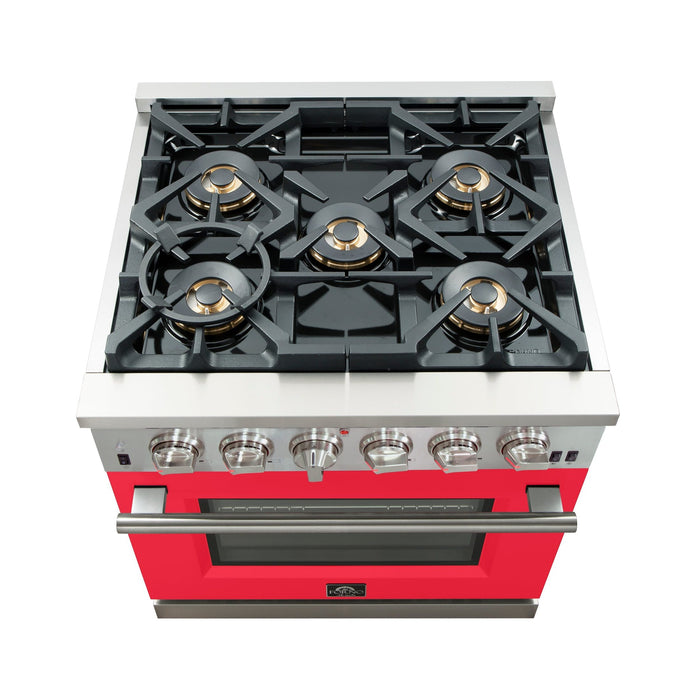 Forno Capriasca 30-Inch Freestanding Gas Range, 4 Burners, True Convection Oven, Red Door