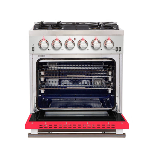 Forno Capriasca 30-Inch Freestanding Gas Range, 4 Burners, True Convection Oven, Red Door