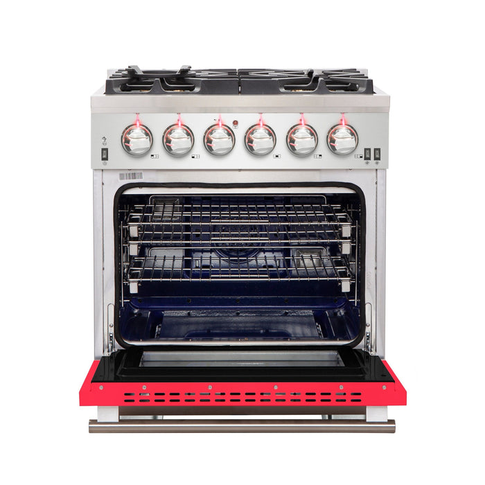 Forno Capriasca 30-Inch Freestanding Gas Range, 4 Burners, True Convection Oven, Red Door
