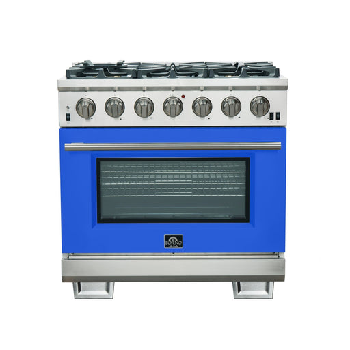 Forno Capriasca 36-Inch Gas Range, Stainless Steel, 6 Brass Burners, 120,000 BTU, Convection Oven, Energy Efficient, Blue Door