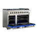 FORNO Capriasca 48-inch Gas Range Stainless Steel, 8 Brass Burners 160,000 BTU, 6.58 cu.ft. Double Oven, Blue Doors