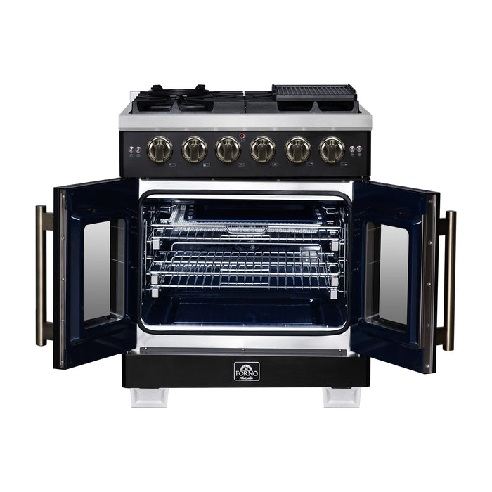 Forno Capriasca 30-Inch Freestanding French Door Gas Range, 4 Burners, Convection Oven, Energy Efficient