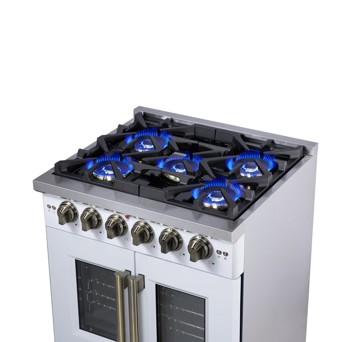 Forno Capriasca 30-Inch White Freestanding French Door Gas Range, 4 Burners, Convection Oven, Energy Efficient