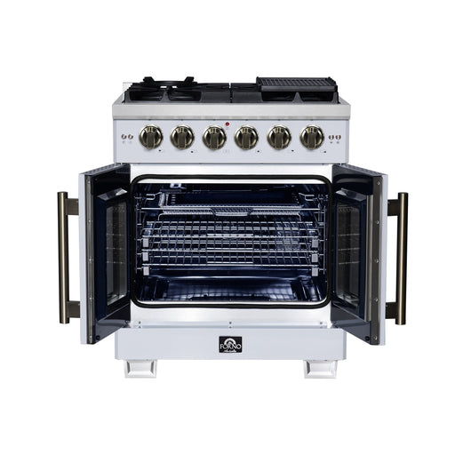 Forno Capriasca 30-Inch White Freestanding French Door Gas Range, 4 Burners, Convection Oven, Energy Efficient