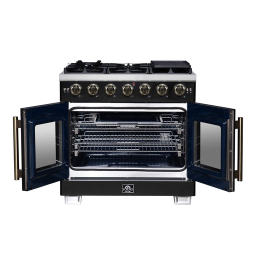 Forno Capriasca 36-Inch Black Freestanding French Door Gas Range, 6 Burners, Convection Oven, Energy Efficient