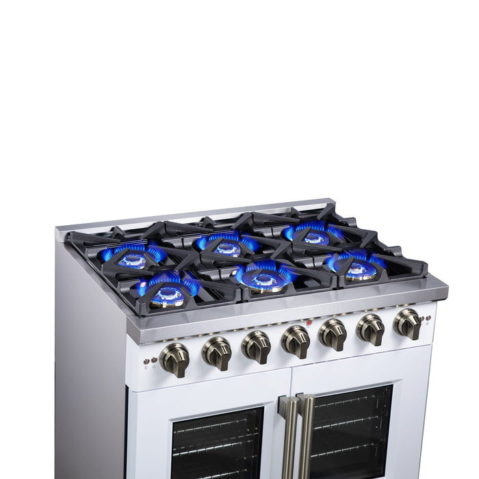 Forno Capriasca 36-Inch White Freestanding French Door Gas Range, 6 Burners, Convection Oven, Energy Efficient