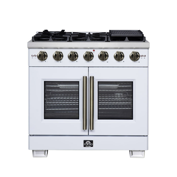 Forno Capriasca 36-Inch White Freestanding French Door Gas Range, 6 Burners, Convection Oven, Energy Efficient