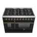FORNO Galiano 48-inch Gas Range Black & Antique Brass Design, 8 Burners, 107,000 BTU, Griddle, 6.58 cu.ft. Double Ovens