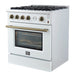 Marco 30-inch Gas Range White & Antique Brass Design, 4 Burners 37,000 BTU, 4.32 cu.ft. Convection Oven