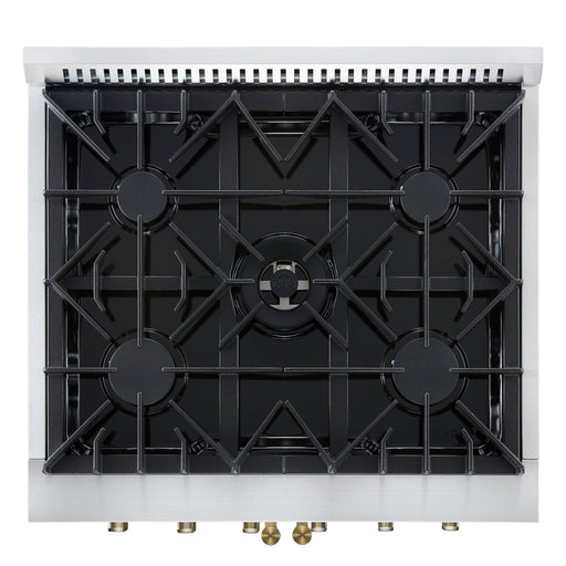 Forno Galiano 30-inch French Door Gas Range
White with Antique Brass Design, 5 Burners,
68,000 BTU, 4.32 cu.ft. Convection Oven