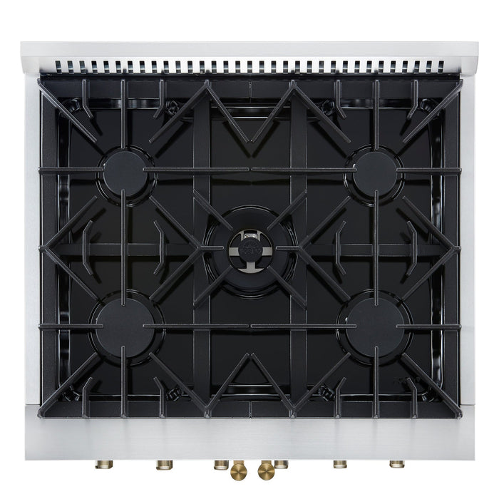 Forno Galiano 30-inch French Door Gas Range
White with Antique Brass Design, 5 Burners,
68,000 BTU, 4.32 cu.ft. Convection Oven