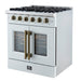 Forno Galiano 30-inch French Door Gas Range
White with Antique Brass Design, 5 Burners,
68,000 BTU, 4.32 cu.ft. Convection Oven