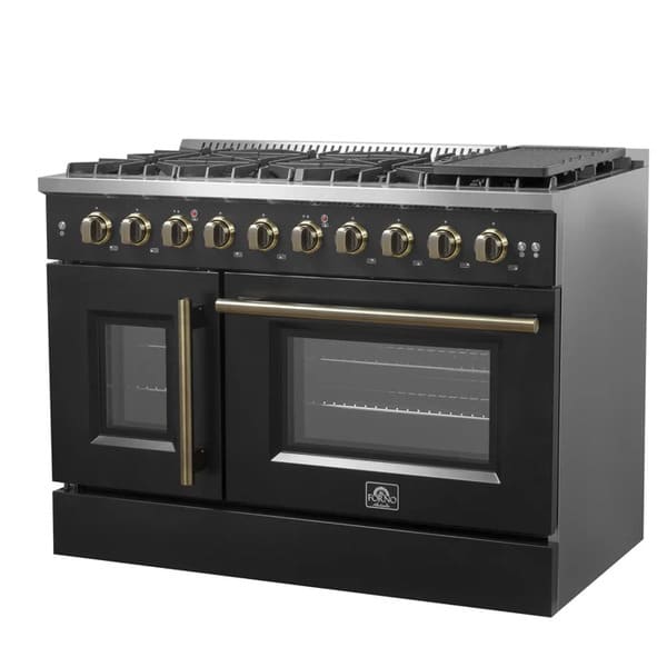 FORNO Galiano 48-Inch French Door Gas Range with 8 Burners and 6.58 Cu. Ft. Convection Oven in Black/White with Antique Brass Trim