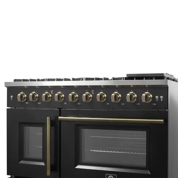 FORNO Galiano 48-Inch French Door Gas Range with 8 Burners and 6.58 Cu. Ft. Convection Oven in Black/White with Antique Brass Trim
