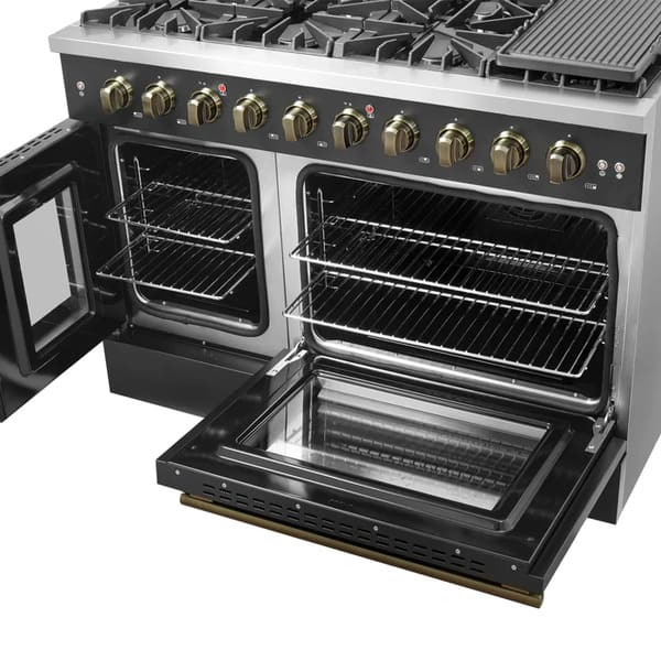 FORNO Galiano 48-Inch French Door Gas Range with 8 Burners and 6.58 Cu. Ft. Convection Oven in Black/White with Antique Brass Trim