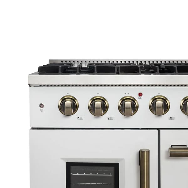 FORNO Galiano 48-Inch French Door Gas Range with 8 Burners and 6.58 Cu. Ft. Convection Oven in Black/White with Antique Brass Trim