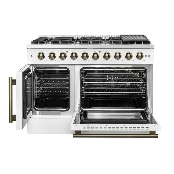 FORNO Galiano 48-Inch French Door Gas Range with 8 Burners and 6.58 Cu. Ft. Convection Oven in Black/White with Antique Brass Trim