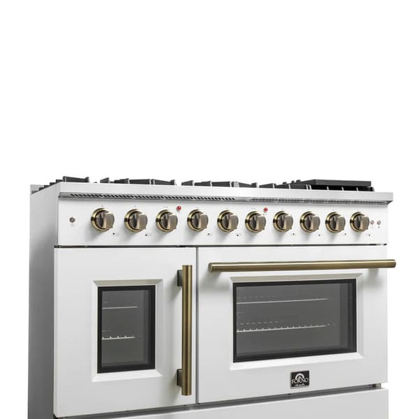 FORNO Galiano 48-Inch French Door Gas Range with 8 Burners and 6.58 Cu. Ft. Convection Oven in Black/White with Antique Brass Trim