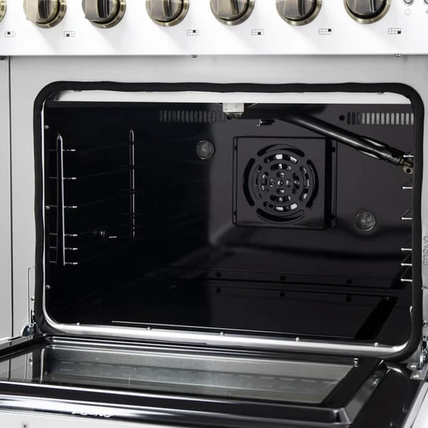 FORNO Galiano 48-Inch French Door Gas Range with 8 Burners and 6.58 Cu. Ft. Convection Oven in Black/White with Antique Brass Trim