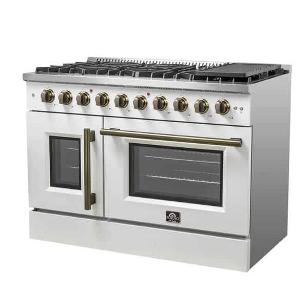 FORNO Galiano 48-Inch French Door Gas Range with 8 Burners and 6.58 Cu. Ft. Convection Oven in Black/White with Antique Brass Trim