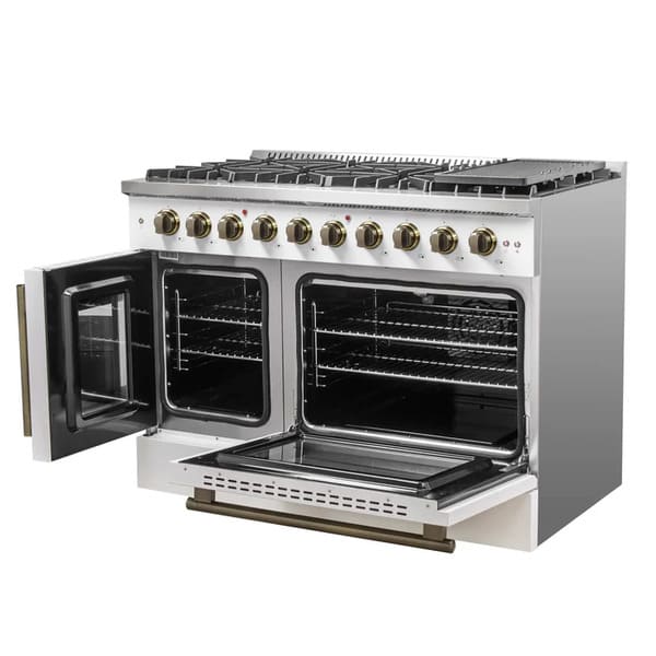 FORNO Galiano 48-Inch French Door Gas Range with 8 Burners and 6.58 Cu. Ft. Convection Oven in Black/White with Antique Brass Trim