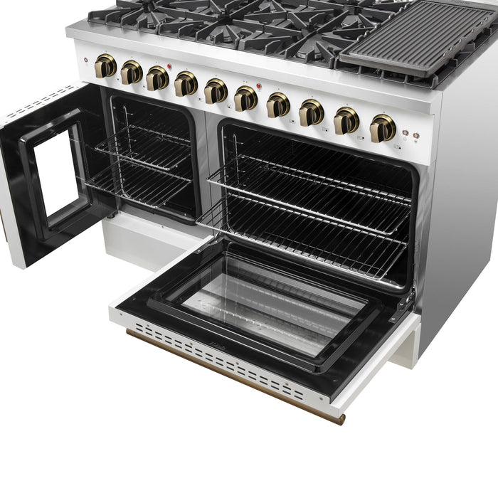 Forno Galiano 48-Inch Freestanding French Door Gas Range, White & Antique Brass