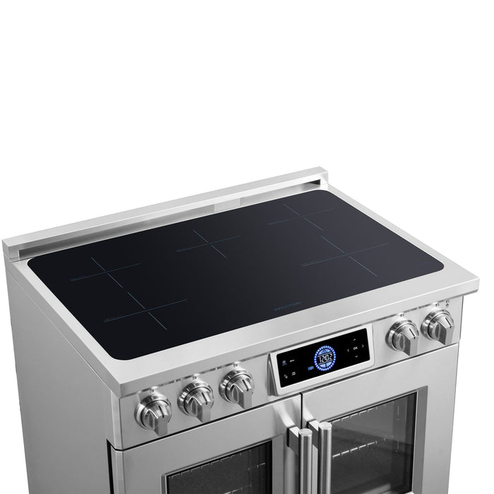Forno Maximus 36-Inch Induction Range, French Door, 5 Cooking Zones, 5.36 Cu. Ft. Convection Oven, Air Sous Vide, Air Fry Basket, Stainless Steel - FFSIN0932-36