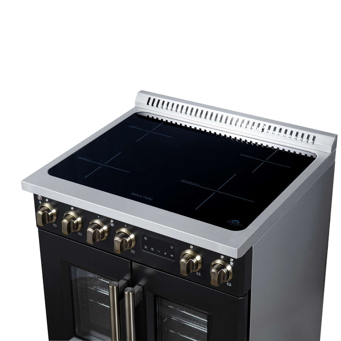Torino French Door 30 Inch Induction Range with Air Fryer, Air Sous Vide & True Convection, Dual Broiler, Black