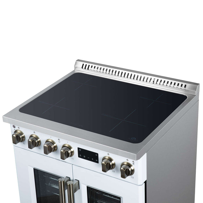 Torino French Door 30 Inch Induction Range with Air Fryer, Air Sous Vide & True Convection, Dual Broiler, White